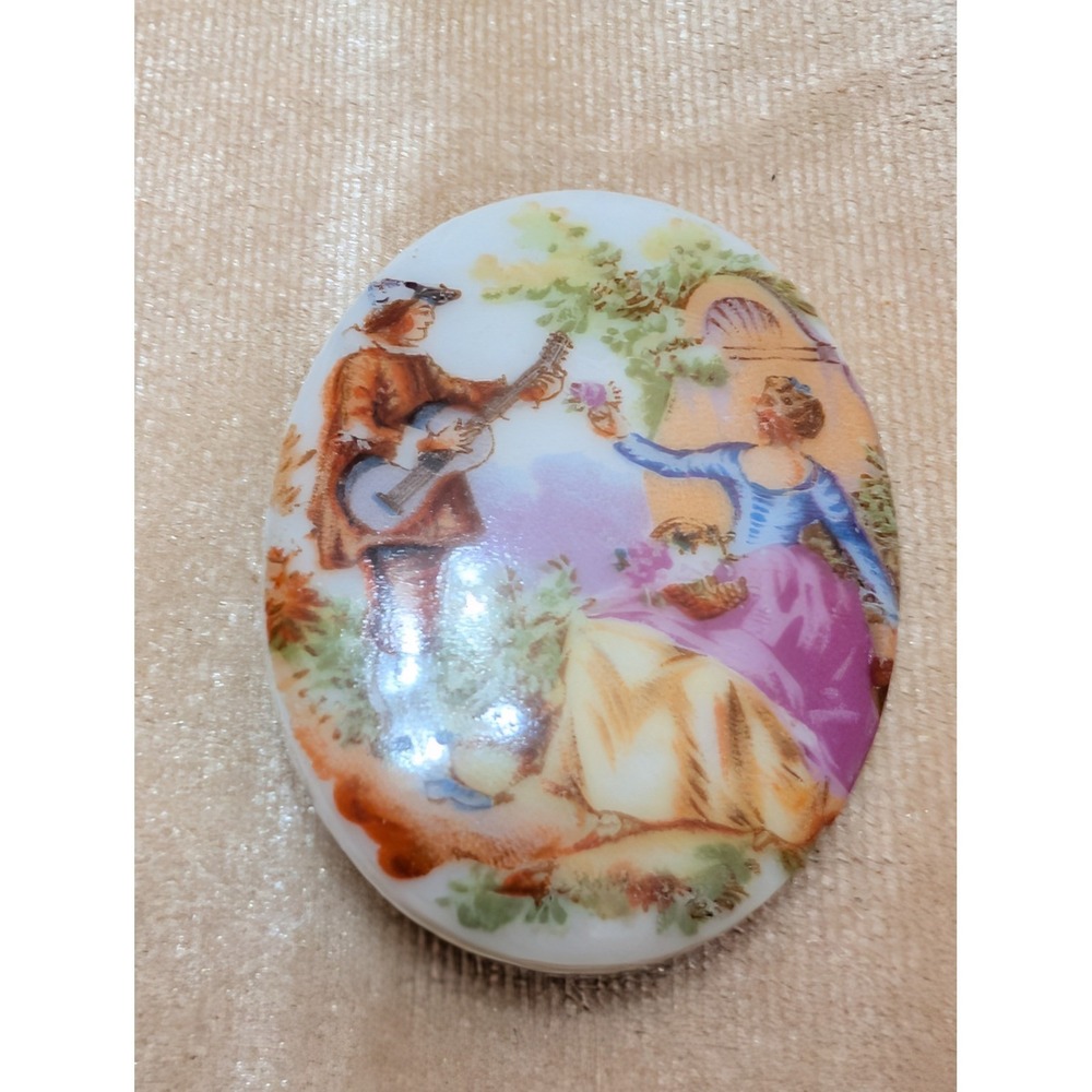 Vintage Japan Porcelain Oval Brooch Courting Couple Serenade Fragonard Style Pin